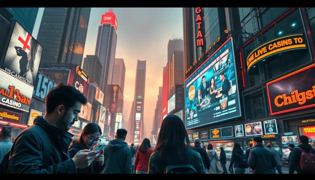 A bustling cityscape with towering skyscrapers and neon-lit billboards, showcasing the vibrant and ever-evolving world of online gambling. In the foreground, a group of tech-savvy individuals engrossed in their mobile devices, immersed in the excitement of digital casino games. The middle ground features a large, sleek display showcasing the latest live-streamed casino action, drawing in viewers with its crisp visuals and captivating gameplay. The background is a rich tapestry of digital signals, data streams, and pulsing lights, reflecting the technological innovation that drives the thriving online gambling industry. Warm, vibrant lighting and a dynamic camera angle combine to create a sense of energy and momentum, capturing the allure and pervasiveness of this emerging entertainment landscape.