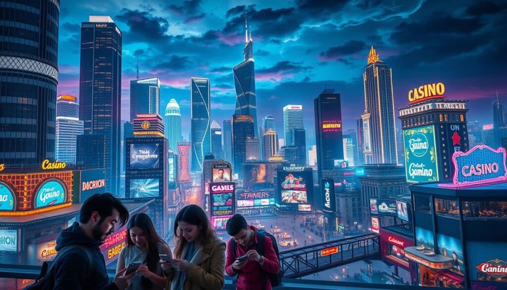 A bustling cityscape with towering skyscrapers and neon-lit entertainment hubs, set against a backdrop of a vibrant night sky. In the foreground, a group of people examining their smartphones, exploring the latest promotions and features of various online gaming platforms. The mid-ground showcases a diverse array of entertainment options, from sleek casino facades to trendy bars and restaurants. The background features a panoramic view of the city, highlighting the convenience and accessibility of these online entertainment destinations. The overall scene conveys a sense of excitement, modernity, and the allure of discovering the perfect online gaming experience tailored to the individual's preferences.