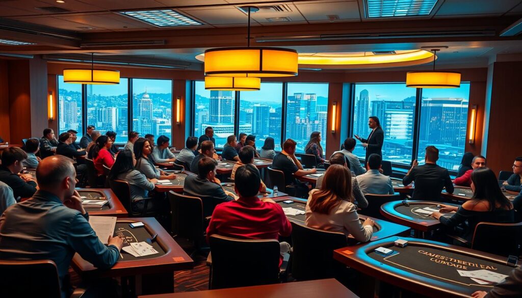 A bustling classroom filled with students intently focused on casino gaming techniques. Warm lighting from overhead lamps casts a welcoming glow, while large windows provide a view of the vibrant city skyline beyond. Neatly arranged desks and chairs create an organized, professional atmosphere as the instructor gestures towards a presentation screen, guiding the class through the nuances of card counting, bankroll management, and table etiquette. The students, a diverse mix of ages and backgrounds, lean in, eagerly absorbing the knowledge that will empower them to navigate the high-stakes world of casino gambling with confidence and precision.