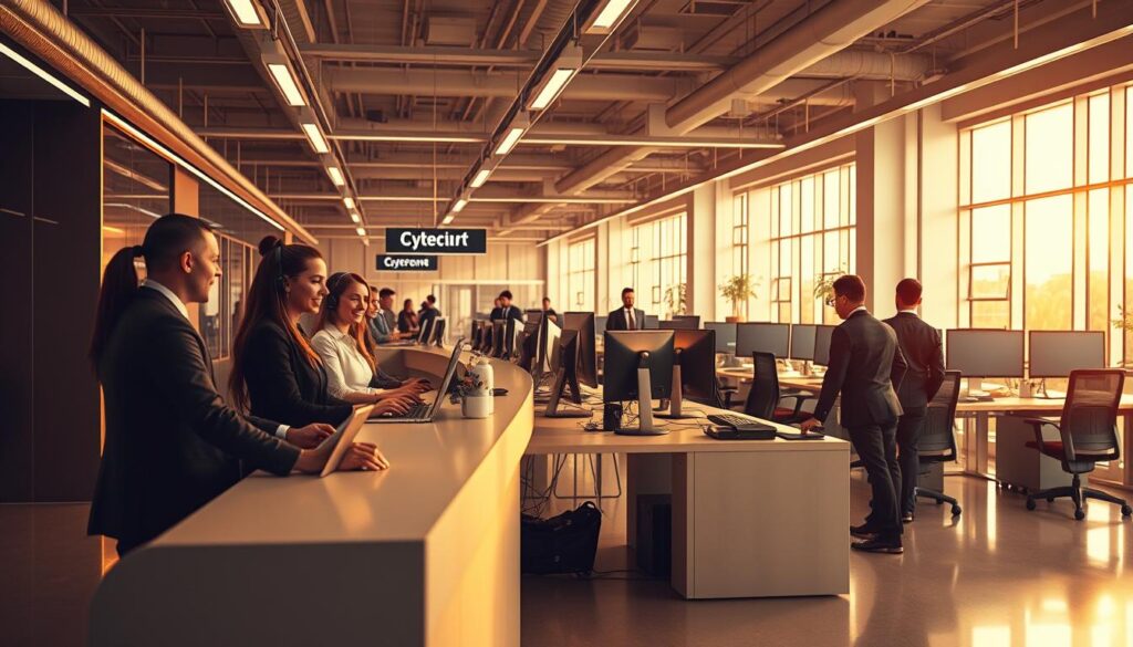 A bustling customer service center with an inviting atmosphere. The foreground features a team of attentive, friendly representatives assisting customers at a modern, minimalist reception desk. The middle ground showcases a bright, open-plan office with ergonomic workstations and sleek computer monitors. In the background, warm lighting filters through large windows, casting a welcoming glow and creating a sense of professionalism and efficiency. The overall scene conveys a sense of diligence, responsiveness, and a commitment to delivering an exceptional customer experience.