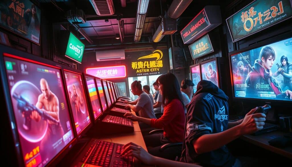 A bustling cyber cafe in the heart of Taipei, where Taiwanese gamers immerse themselves in the digital realm. Neon-lit screens cast a warm glow, as players lean forward, fingers dancing across keyboards and gamepads. The atmosphere is one of intense focus, punctuated by occasional cheers and groans as fortunes shift on virtual battlefields. In the corners, groups huddle, strategizing and discussing the latest gaming trends. The room hums with the energy of a passionate community, united by their love of interactive entertainment. Lush, detailed textures, realistic lighting, and a cinematic camera angle capture the essence of this vibrant gaming culture.