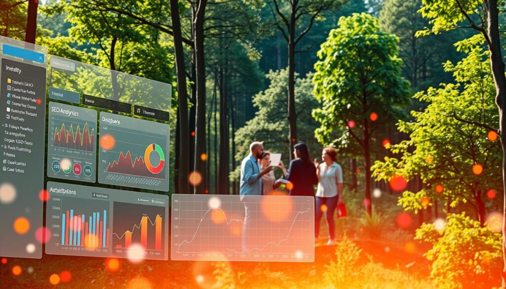 A bustling data visualization dashboard against a backdrop of a serene forest landscape, illuminated by warm natural lighting. In the foreground, an intuitive interface displays real-time SEO analytics and insights, with a clean, minimalist design. Floating data points and infographic elements create a sense of depth and movement, highlighting the role of data analysis in driving successful SEO strategies. The middle ground features a team of digital marketers collaborating, immersed in the analytical insights provided by the dashboard. The background showcases a lush, verdant forest, symbolizing the growth and evolution of search engine optimization fueled by data-driven decision-making.