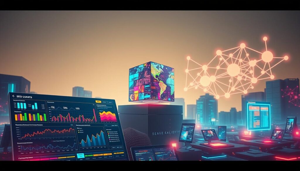 A bustling data visualization landscape, with vibrant charts, graphs, and infographics floating against a clean, minimalist backdrop. The foreground showcases a detailed data dashboard, meticulously designed to showcase key SEO performance metrics and insights. In the middle ground, a three-dimensional data cube rotates, projecting colorful data patterns and trends. The background features an ethereal, glowing network of interconnected nodes, symbolizing the complex web of search engine algorithms and user behavior. Diffused lighting casts a warm, contemplative glow over the scene, inviting the viewer to dive deep into the data-driven strategies that power effective SEO. The overall composition conveys a sense of clarity, automation, and strategic decision-making.