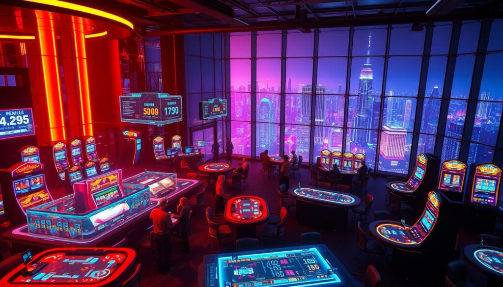 A bustling digital casino scene, with neon-lit gaming tables and slot machines arranged in a sleek, modern layout. Immersive lighting casts a warm, inviting glow, drawing the viewer's attention to the dynamic interplay of shadows and highlights. Holographic interfaces hover over the tables, displaying real-time game statistics and player data, reflecting the rapid evolution of online gambling technology. In the background, a towering glass facade offers a panoramic view of a vibrant, futuristic cityscape, symbolizing the integration of virtual and physical realms. The overall atmosphere conveys a sense of excitement, innovation, and the thrill of high-stakes digital gaming.