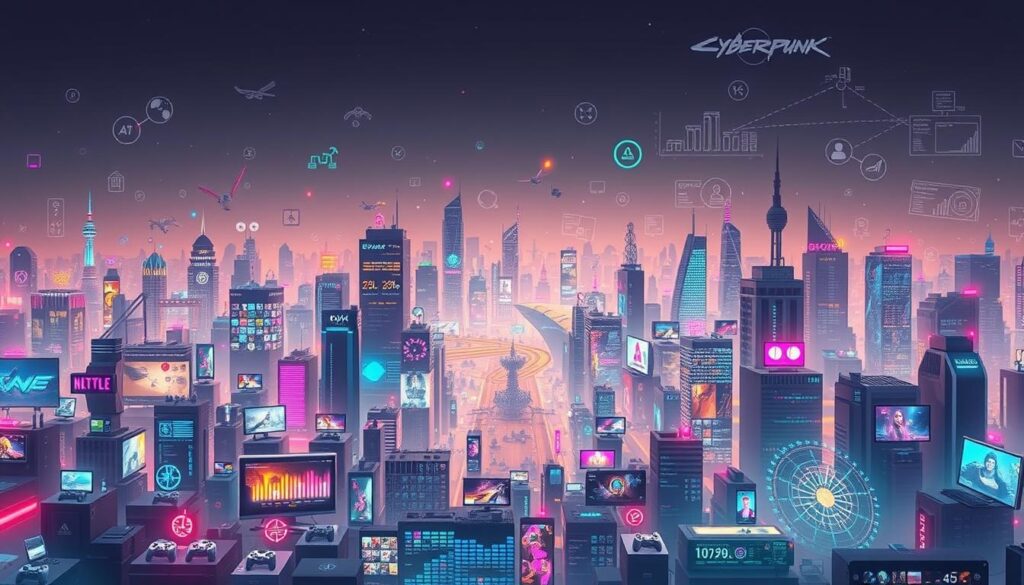 A bustling digital entertainment landscape unfolds, with vibrant icons and interfaces cascading across a sleek, minimalist backdrop. In the foreground, a seamless blend of mobile devices and gaming consoles illuminates the evolving nature of online entertainment, reflecting the growing convergence of platforms and experiences. The middle ground showcases a diverse array of interactive content, from cutting-edge virtual reality showcases to immersive mobile gaming hubs, all vying for the attention of a tech-savvy, on-the-go audience. The background reveals a tapestry of data visualizations and market analytics, hinting at the dynamic trends and shifting consumer preferences that shape the future of this thriving digital ecosystem. The overall composition conveys a sense of innovation, connectivity, and the ever-expanding horizons of the online entertainment industry.