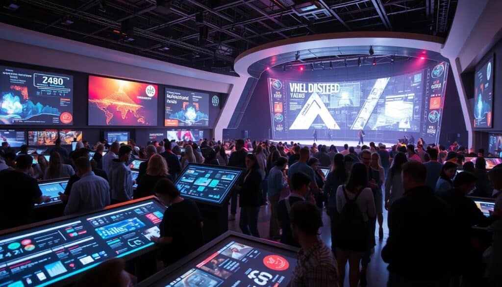 A bustling digital entertainment venue, flooded with an array of interactive displays and immersive experiences. In the foreground, guests engage with touchscreen kiosks, manipulating vibrant visualizations of data and analytics. The middle ground features a large, curved projection screen showcasing real-time event updates and social media feeds, creating a dynamic, information-rich environment. In the background, a sleek, minimalist stage is adorned with holographic projections, seamlessly blending physical and digital elements to captivate the audience. Soft, diffused lighting illuminates the scene, evoking a sense of techno-futuristic elegance. The overall atmosphere radiates a fusion of cutting-edge technology and engaging entertainment, seamlessly integrated to enhance the event experience.
