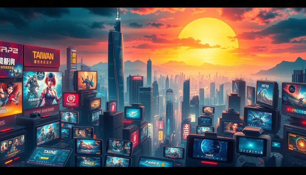 A bustling digital landscape of Taiwan's thriving online entertainment market. In the foreground, a diverse array of mobile devices and gaming consoles, each showcasing a vibrant array of app icons and virtual experiences. The middle ground depicts a dynamic cityscape, with towering skyscrapers and neon-lit billboards advertising the latest interactive content. In the background, a panoramic view of the island's iconic mountains and seascapes, symbolizing the unique cultural heritage that shapes the nation's digital entertainment ecosystem. Warm, saturated lighting creates an atmosphere of energetic innovation, capturing the enthusiasm and creativity driving Taiwan's online entertainment revolution.