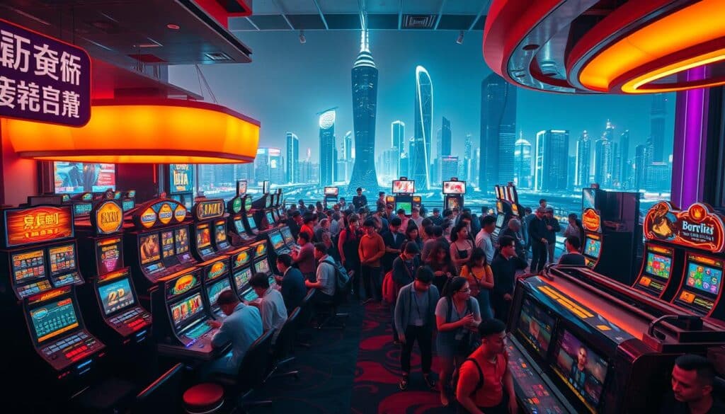 A bustling digital landscape showcasing the vibrant Taiwanese online gaming market. In the foreground, a thriving array of virtual casino tables, slot machines, and interactive betting platforms, illuminated by a warm, neon-tinged glow. In the middle ground, a diverse crowd of players engrossed in their games, their expressions a mix of concentration and excitement. The background is a sleek, high-tech cityscape, with towering skyscrapers and the faint glow of digital infrastructure. The overall scene conveys a sense of energy, innovation, and the boundless possibilities of the Taiwanese online gaming industry. Captured with a wide-angle lens, the image is bathed in a soft, cinematic lighting that enhances the dynamism and immersive nature of the virtual gaming experience.
