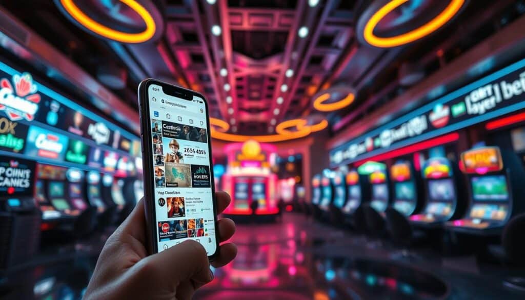 A bustling digital landscape, where social media marketing takes center stage within the vibrant world of online casinos. In the foreground, a smartphone screen displays a meticulously curated social media feed, showcasing the latest casino promotions, live-streamed events, and engaging user-generated content. The middle ground features a series of dynamic, visually striking infographics highlighting the key metrics and analytics that drive the casino's digital marketing strategies. In the background, a sleek, futuristic casino interior serves as the backdrop, with neon lights casting a warm, inviting glow and reflecting off the polished surfaces. The overall atmosphere conveys a sense of technological sophistication, seamless connectivity, and the synergistic power of social media and online gaming.