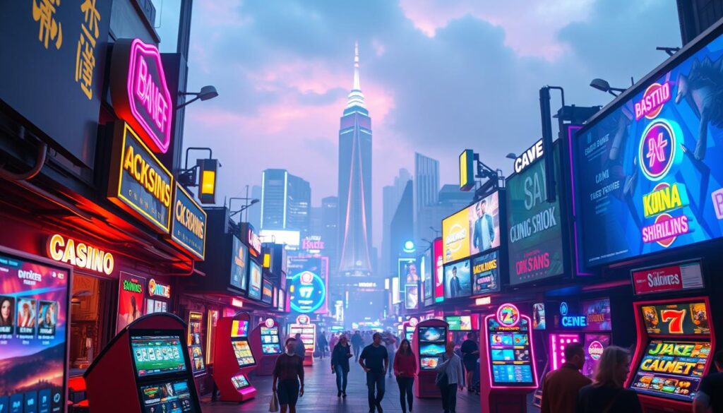 A bustling digital marketplace, showcasing the dynamic trends of online gambling. In the foreground, vibrant neon lights illuminate sleek gaming interfaces, beckoning users to explore the thrilling world of virtual casinos. The middle ground features a diverse array of devices, from smartphones to tablets, reflecting the seamless integration of mobile gaming. In the background, a futuristic cityscape rises, symbolizing the rapid growth and global reach of the online entertainment industry. Soft, diffused lighting casts an alluring glow, evoking a sense of excitement and anticipation. The scene is captured through a wide-angle lens, capturing the depth and scale of the digital gaming landscape.