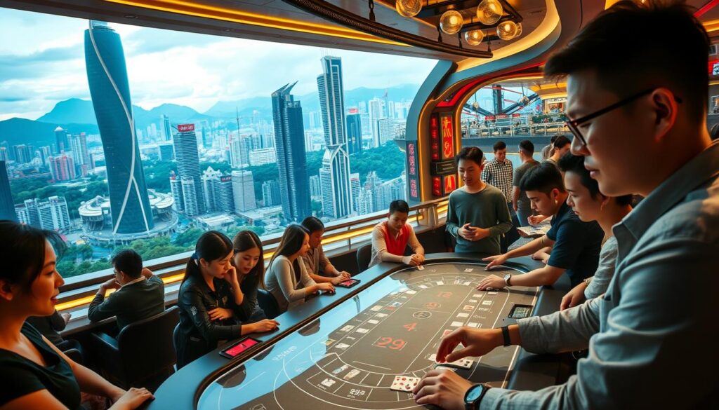 A bustling gaming arena, with a panoramic view of the Taiwanese landscape. In the foreground, a group of passionate players gathered around a sleek, modern baccarat table, their faces alight with concentration. Soft, warm lighting illuminates the scene, casting a golden glow on the players' features. The middle ground showcases the technological advancements that have transformed the baccarat experience, with digital displays and interactive interfaces. In the background, towering skyscrapers and lush greenery create a dynamic urban backdrop, reflecting the vibrant energy of the Taiwanese gaming community. The overall atmosphere conveys a sense of strategic mastery, technological innovation, and cultural pride.