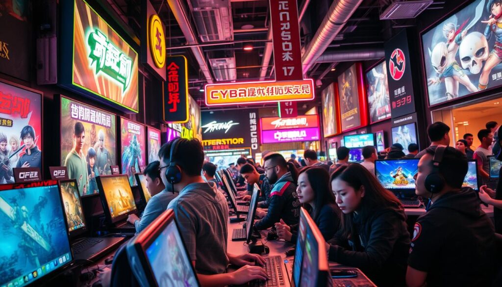 A bustling gaming hub in Taiwan, where gamers gather around vibrant displays showcasing their favorite titles. In the foreground, a group of friends deeply immersed in a fast-paced, multiplayer game, their expressions animated with excitement. The middle ground features an array of gaming devices, from sleek laptops to cutting-edge consoles, reflecting the diverse preferences of Taiwanese players. The background is adorned with neon-lit signage and colorful posters, capturing the energetic, tech-savvy atmosphere of the local gaming culture. The scene is bathed in a warm, saturated lighting, creating a sense of vibrancy and community.
