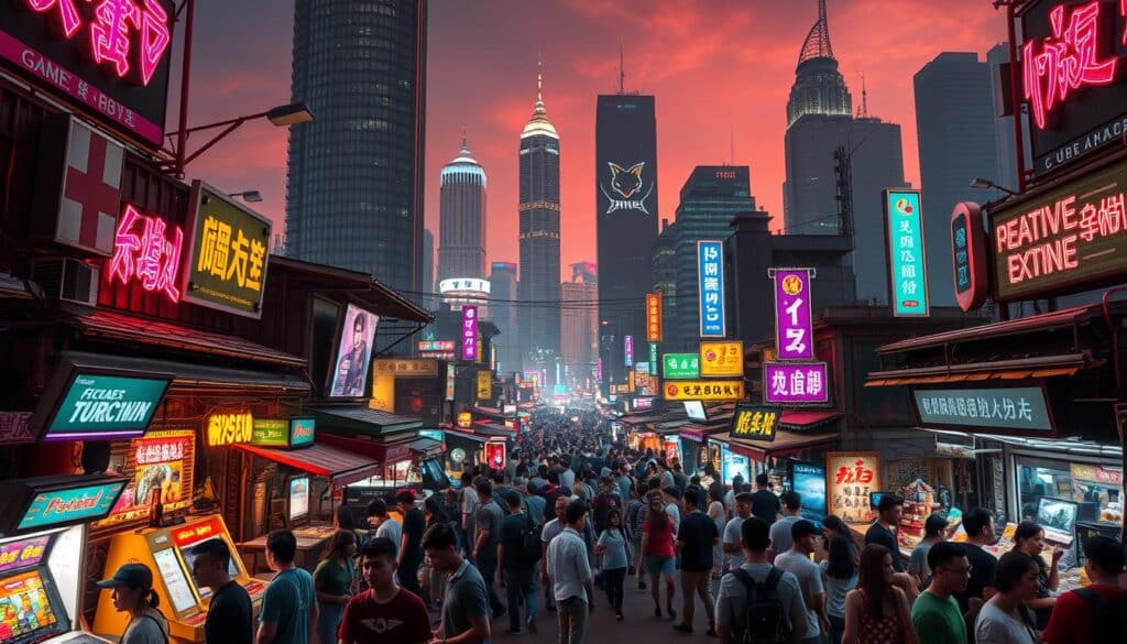 A bustling local entertainment market set against a backdrop of towering skyscrapers and neon signs. In the foreground, a lively crowd of people engages in various forms of recreational activities - from arcade gaming and virtual reality experiences to interactive exhibits and live performances. The middle ground features a mix of quaint specialty shops, street food vendors, and boutique entertainment venues, all bathed in a warm, vibrant lighting that creates a sense of energy and dynamism. The background is dominated by a sleek, modern cityscape, hinting at the integration of technology and innovation within this thriving local entertainment ecosystem. The overall scene conveys a sense of community, cultural diversity, and a unique, immersive experience that caters to the tastes and preferences of the local population.