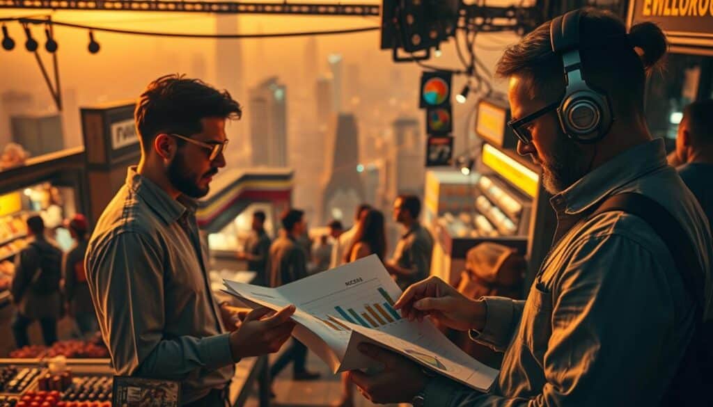 A bustling market scene with competitors analyzing business models and growth rates. In the foreground, a group of entrepreneurs pore over reports and charts, deep in discussion. The middle ground features a mix of stalls and shops, each with their unique offerings. The background is a panoramic cityscape, hinting at the broader economic landscape. Warm lighting casts a golden glow, creating an atmosphere of vibrant activity and strategic planning. The composition emphasizes the interplay between market dynamics, competitive analysis, and innovative business models shaping the industry's future.