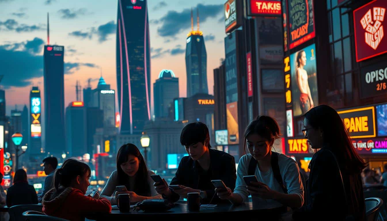 A bustling metropolis at dusk, the vibrant lights of a thriving online entertainment city illuminate the skyline. In the foreground, a group of young adults gather around a table, their faces aglow with the reflection of mobile screens as they immerse themselves in the latest digital gaming and betting experiences. In the middle ground, sleek high-rise towers housing cutting-edge tech companies stand as symbols of the industry's rapid growth. The background is a hazy blend of neon signs, advertising billboards, and the distant silhouettes of skyscrapers, creating an atmosphere of excitement and innovation. Cinematic lighting casts dramatic shadows, heightening the sense of energy and dynamism within this rapidly evolving digital landscape.
