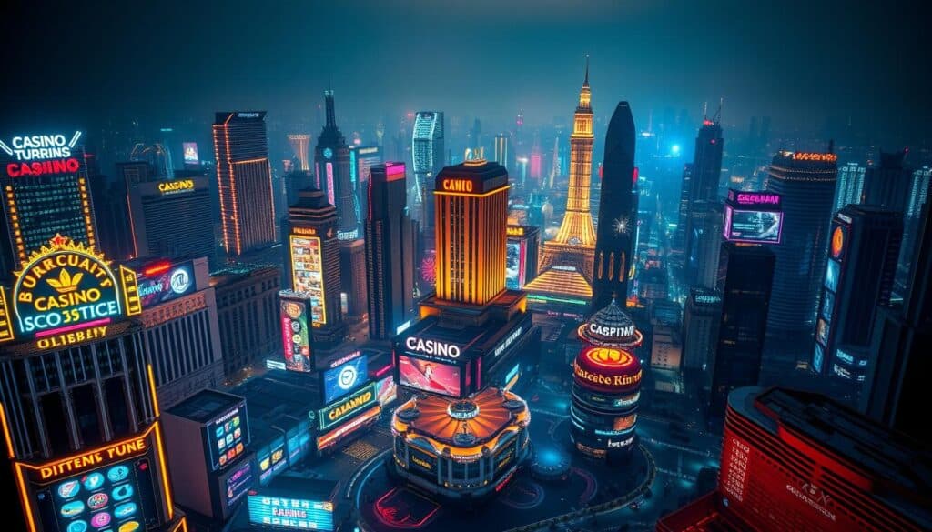 A bustling metropolis at night, neon lights of high-rise casinos and entertainment complexes illuminating the skyline. In the foreground, a virtual landscape of digital interfaces, analytics dashboards, and SEO optimization tools, reflecting the intense international competition for online visibility and market share. The mid-ground depicts a clash of national flags and brand logos, symbolizing the global battleground for casino tourism. The background is a hazy, atmospheric blend of futuristic cityscapes and data networks, hinting at the scale and complexity of the industry's digital transformation. An intricate, highly detailed scene, captured with a wide-angle lens and dramatic cinematic lighting to convey the scope and intensity of "娛樂城SEO策略國際競爭".