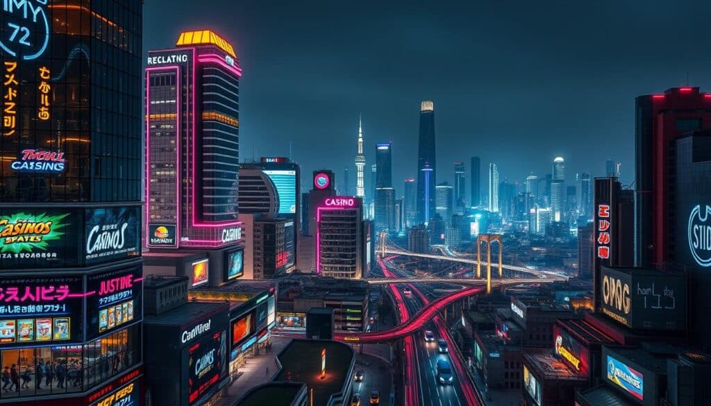 A bustling metropolis at night, the skyline illuminated by the neon glow of towering online entertainment casinos. In the foreground, sleek glass-and-steel buildings housing state-of-the-art gaming facilities, their facades adorned with digital displays showcasing the latest slots and table games. The middle ground reveals a thriving urban landscape, with pedestrians and vehicles navigating the vibrant streets, drawn to the allure of the virtual gambling hubs. In the distance, a panoramic view of the city's bridges and skyscrapers, a testament to the meteoric rise and widespread adoption of online entertainment. The scene is captured through a cinematic wide-angle lens, highlighting the grandeur and scale of this new era of digital leisure.