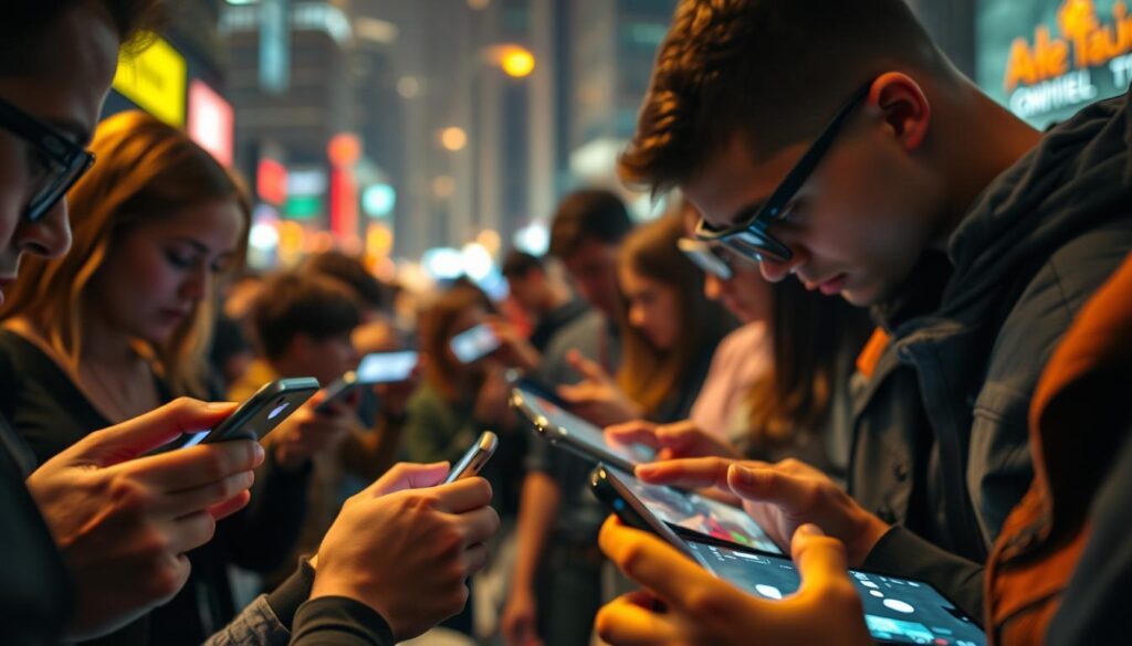 A bustling mobile gaming scene, with players immersed in their devices, their faces illuminated by the glow of the screens. The foreground captures the intensity of their focus, fingers deftly navigating touchscreens, as they engage with various mobile game apps. The middle ground reveals the diverse range of mobile devices, from sleek smartphones to tablets, each held in the hands of dedicated gamers. In the background, a blurred cityscape sets the stage, hinting at the ubiquity of mobile gaming in modern urban environments. Soft, warm lighting casts a sense of intimacy and engagement, while the composition emphasizes the seamless integration of mobile technology and player behavior.