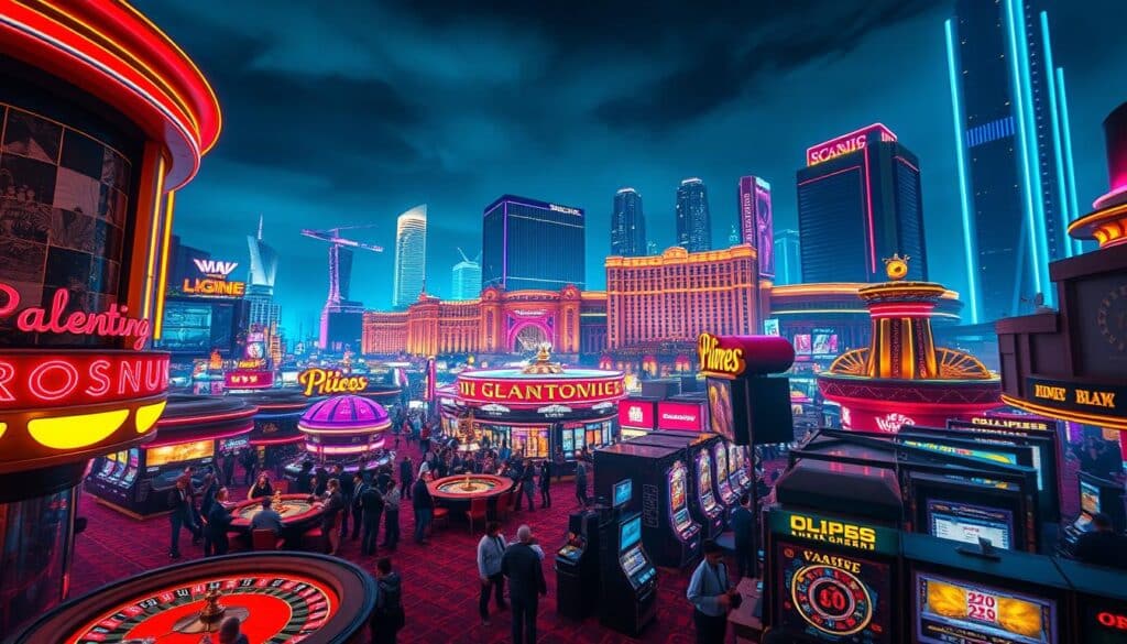 A bustling modern casino district, neon lights illuminating the night. In the foreground, a crowded casino floor with people engaged in high-stakes gaming - from roulette wheels to slot machines. The middle ground features luxurious hotels and entertainment complexes, their architecture blending contemporary and traditional elements. The background is a skyline of towering skyscrapers, reflecting the scale and prominence of the gambling industry in this urban landscape. The scene conveys a sense of excitement, wealth, and the relentless allure of the modern gambling market.