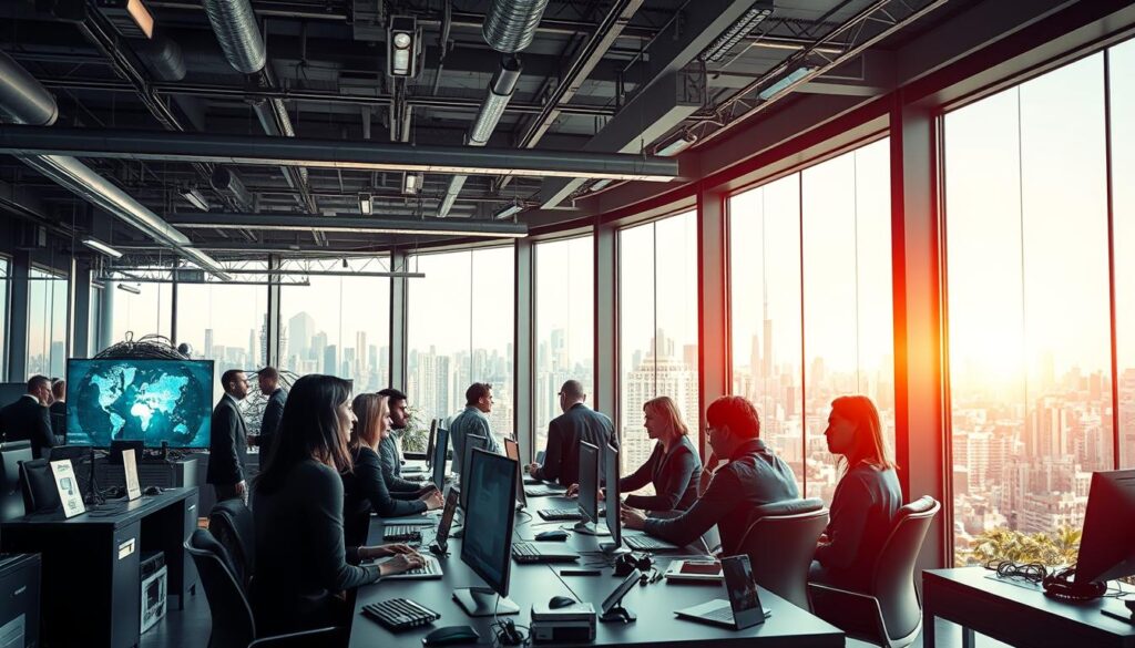 A bustling modern office interior, with an abundance of natural light streaming in through large windows. The foreground features a team of professionals gathered around a conference table, engaged in a lively discussion, their faces illuminated by a sense of purpose and determination. The middle ground showcases various technological elements, such as sleek monitors, keyboards, and an array of smart devices, all contributing to an atmosphere of innovation and productivity. In the background, a vibrant cityscape can be seen through the windows, reflecting the dynamism and success of the enterprise. The overall mood is one of collaborative achievement, with a touch of professional elegance and a hint of technological sophistication.