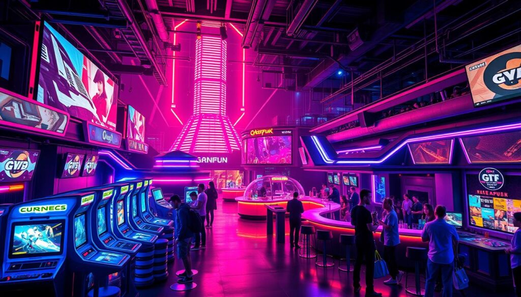 A bustling, neon-lit entertainment platform with a vibrant, modern atmosphere. In the foreground, an array of interactive gaming stations and virtual reality pods, their screens casting a captivating glow. The middle ground features a sleek, streamlined bar and lounge area, where patrons sip colorful cocktails and socialize. In the background, a towering, futuristic facade with dynamic, pulsating lights that create a sense of energy and excitement. Overhead, a high-contrast, dramatic lighting setup casts dramatic shadows and highlights, adding depth and dimension to the scene. The overall impression is one of a thrilling, cutting-edge entertainment hub that caters to the desires of the modern, tech-savvy consumer.