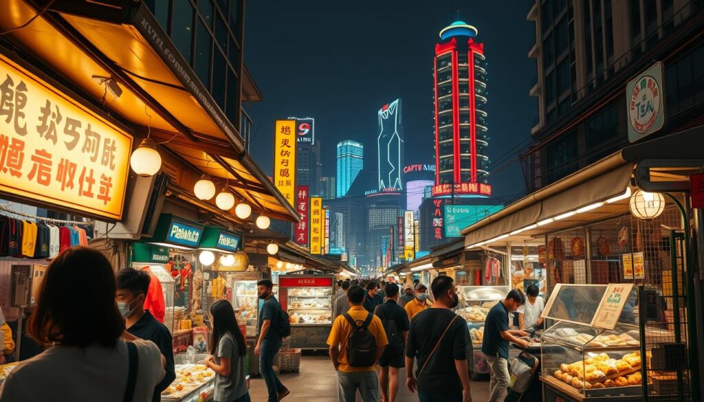 A bustling night market in a vibrant Taiwanese city, with rows of colorful stalls and vendors showcasing an array of local goods and delicacies. The scene is illuminated by warm, golden overhead lighting, casting a cozy, inviting atmosphere. In the foreground, a group of people can be seen perusing the stalls, examining the products on display. In the middle ground, the market's lively energy is captured, with food carts, merchant stands, and crowds of shoppers creating a sense of energy and excitement. The background features the city's skyline, with towering high-rises and neon signs, suggesting the market's integration with the larger urban landscape. The overall composition conveys the market's dynamic nature, reflecting the innovative spirit and commercial vibrancy of the Taiwanese gambling industry.