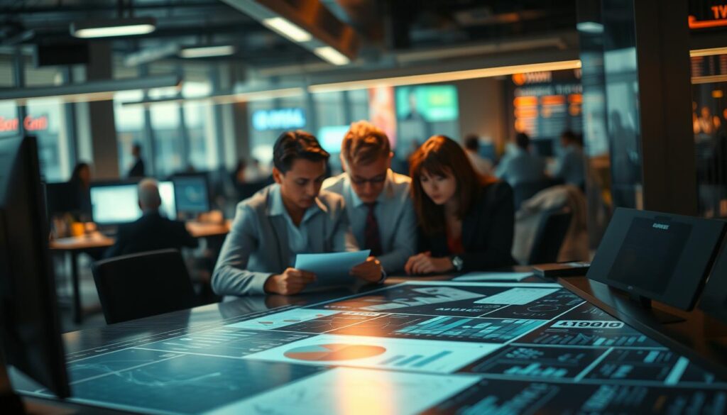 A bustling office setting, with a large desk in the foreground showcasing a detailed analysis of competitor data. The desktop is illuminated by a warm, directional light, casting subtle shadows across the surface. In the middle ground, a team of analysts intently scrutinizing the information, their expressions reflecting deep concentration. The background blurs softly, hinting at the larger corporate environment, with the occasional glimpse of other employees and office equipment. The overall mood conveys a sense of strategic deliberation and the importance of understanding the competitive landscape.