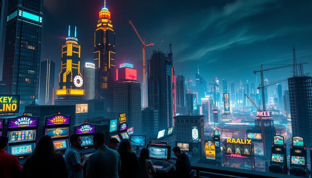 A bustling online casino city emerges, its towering neon-lit skyscrapers and flashing billboards casting a mesmerizing glow against a night sky. In the foreground, a group of passionate gamers huddle around screens, immersed in the fast-paced action of slot machines and virtual card tables. The middle ground showcases the city's rapid growth, with construction cranes and half-built structures hinting at the industry's continuous expansion. In the background, a panoramic view reveals the sheer scale of this digital entertainment metropolis, its pulsing energy and global influence radiating outward. Crisp, cinematic lighting captures the allure and excitement of this emerging online gaming landscape.
