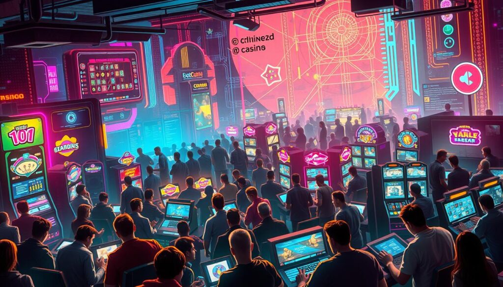 A bustling online casino community, where gamblers congregate in a vibrant digital realm. In the foreground, players huddle over their devices, engrossed in the thrill of high-stakes games, their faces bathed in the warm glow of neon-tinged screens. The middle ground reveals a tapestry of interconnected chat windows, animated discussions, and real-time updates, as the community shares strategies, celebrates wins, and commiserates losses. In the background, a fluid, abstract landscape of data streams and algorithmic patterns reflects the ever-evolving nature of this virtual world, where fortunes rise and fall with each spin of the reel or roll of the dice. The overall atmosphere is one of heightened excitement, camaraderie, and the relentless pursuit of the ultimate jackpot, as this social gaming ecosystem thrives and expands, shaping the experiences of a new generation of players.