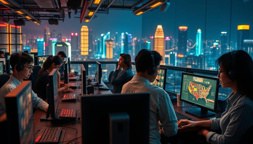 A bustling online casino customer service center, filled with attentive agents at their desks, each engaged in heartfelt conversations with players. Warm lighting casts a comforting glow, while sleek, modern workstations and discreet headsets suggest a professional, high-tech environment. In the background, a sprawling cityscape of Taiwan's vibrant nightlife sets the scene, underscoring the importance of reliable, personalized support for the thriving online gaming community. The overall atmosphere conveys a sense of trust, reliability, and a genuine commitment to player satisfaction, reflecting the critical role of customer service in the online entertainment industry.