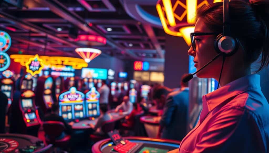A bustling online casino floor, bathed in a warm, inviting glow. In the foreground, a customer service representative, headset on, intently focused on assisting a player with a query. The middle ground showcases the game tables and slots, players fully immersed in the thrilling action. In the background, a sleek, modern interface with intuitive navigation, highlighting the seamless integration of customer service throughout the gaming experience. The scene conveys a sense of efficiency, attentiveness, and a commitment to elevating the player's journey, emphasizing the critical role of real-time support in the success of online entertainment platforms.