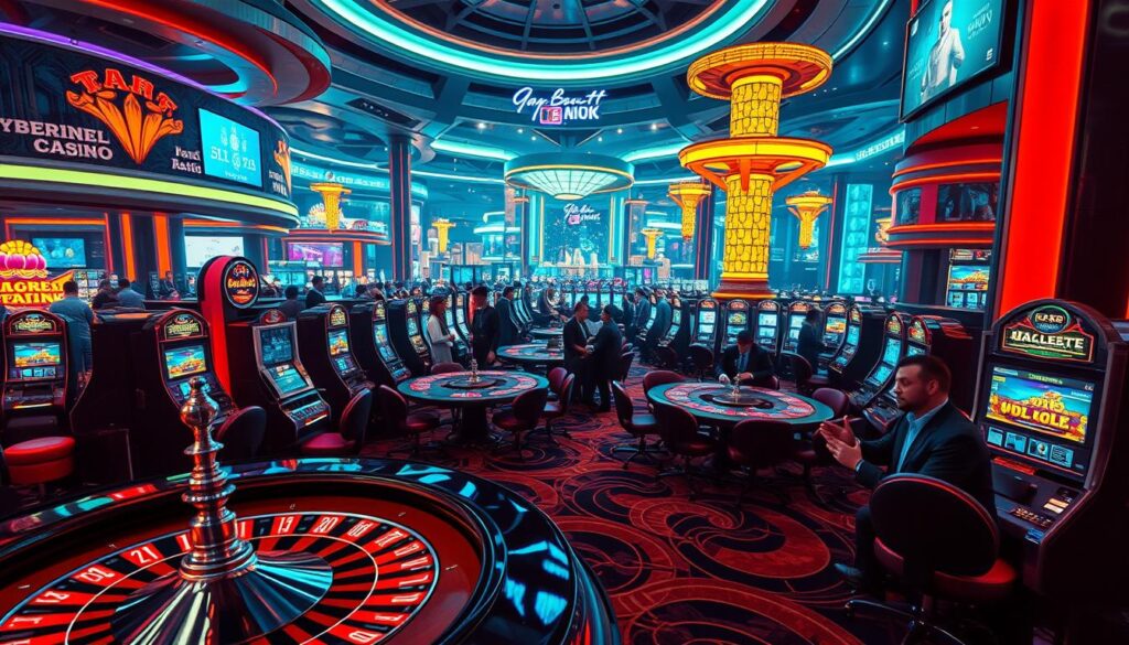A bustling online casino floor, bathed in the warm glow of neon lights and the soft hum of slot machines. In the foreground, a player sits intently at a virtual roulette table, carefully studying the spinning wheel. The middle ground is a whirlwind of activity, with groups of players engaged in animated discussions around blackjack and poker tables. In the background, a panoramic view of the casino's sleek, futuristic interior, with towering digital displays showcasing the latest game offerings. The overall atmosphere is one of excitement and anticipation, as the casino operates seamlessly to provide a immersive and engaging gaming experience for its online patrons.