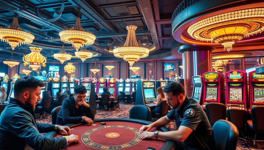 A bustling online casino floor, filled with a variety of popular games. In the foreground, a group of players engrossed in a high-stakes table game, their expressions intense as they study their cards. In the middle ground, rows of sleek, modern slot machines beckon with their vibrant lights and alluring displays. The background features a panoramic view of the casino's opulent interior, complete with ornate chandeliers, plush seating, and a sense of excitement and anticipation. The lighting is warm and inviting, creating a sense of luxurious indulgence. The camera angle is slightly elevated, offering an immersive perspective that draws the viewer into the dynamic atmosphere of the most sought-after online casino games.