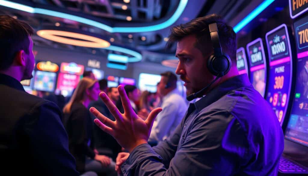A bustling online casino game lobby, with players eagerly engaged at their screens, their expressions ranging from focused concentration to frustration. In the foreground, a player gestures emphatically, their body language conveying a sense of dissatisfaction. The middle ground features a customer service representative, wearing a headset, their face obscured, symbolizing the disconnect between players and support. The background depicts a sleek, high-tech environment, with neon-lit interfaces and dynamic visuals, hinting at the complex technological infrastructure that powers the online gaming experience. Soft, diffused lighting creates a sense of depth and atmosphere, while a subtle depth-of-field effect draws the viewer's attention to the central interaction between player and support. The overall mood is one of tension and the need for improved communication and responsiveness between players and the service that aims to support them.
