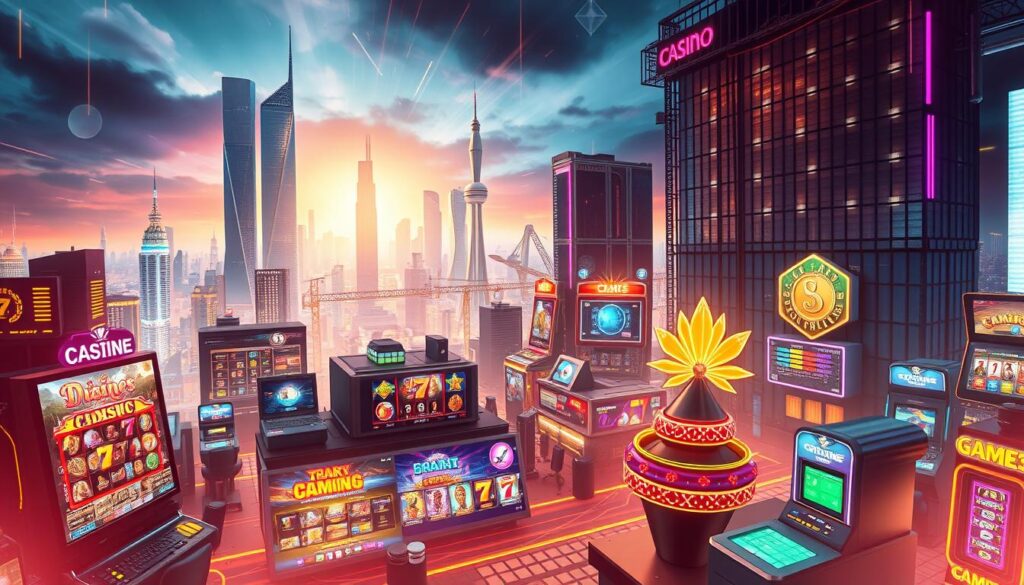 A bustling online casino gaming landscape emerges, showcasing the meteoric rise of digital entertainment. In the foreground, a sleek, contemporary casino interface captivates players, its vibrant colors and seamless design inviting immersion. In the middle ground, a diverse array of engaging games takes center stage, from thrilling slot machines to strategic table games, all accessible with a few taps. The background radiates a sense of modernity and progress, with towering skyscrapers and a pulsing urban skyline serving as a backdrop to this burgeoning digital entertainment hub. Soft, warm lighting casts a welcoming glow, evoking a sense of excitement and possibility. The overall scene conveys the transformative power of online casino gaming, showcasing its growing prominence and appeal within the larger entertainment landscape.