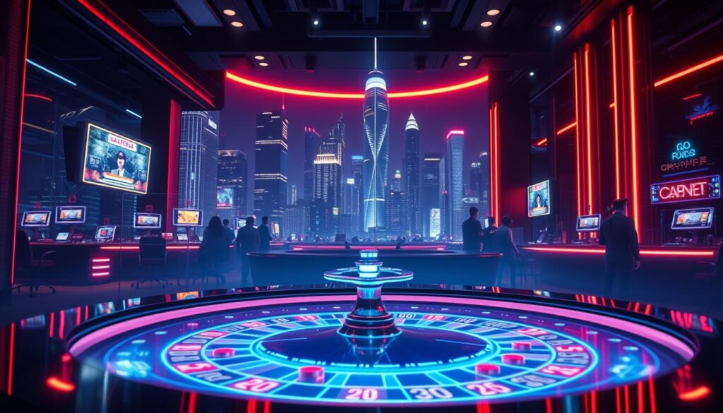 A bustling online casino in the year 2025, bathed in a neon glow. The foreground features a sleek, holographic roulette table, chips cascading across its surface. In the middle ground, virtual reality headsets and motion-tracking sensors immerse players in an augmented gambling experience. The background showcases a cityscape of towering skyscrapers, their reflections shimmering in the night. Ambient lighting casts a futuristic, cyberpunk atmosphere, hinting at the rapid advancements transforming the online gambling landscape.