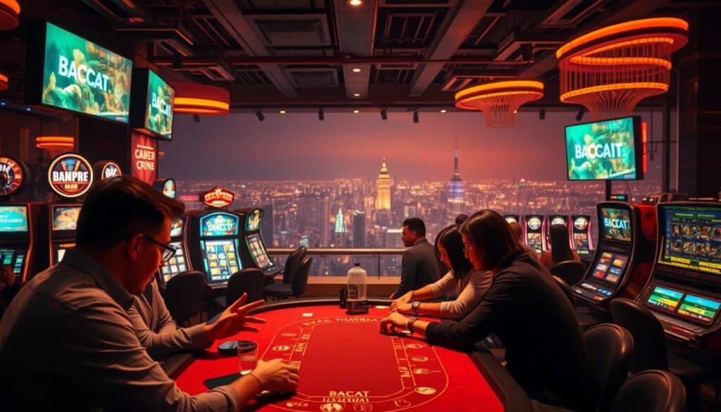 A bustling online casino interior, dimly lit with warm tones. In the foreground, a group of players intently focused on a table, hands gesturing as they engage in a high-stakes game of baccarat. The middle ground features rows of gaming machines and slots, their screens flickering with vibrant colors and dazzling animations. In the background, a panoramic view of a sprawling cityscape, hinting at the widespread popularity and accessibility of this digital gambling hub. The scene conveys the allure of online baccarat, its excitement, and the convenience it offers players, drawing them into the thrill of the game.