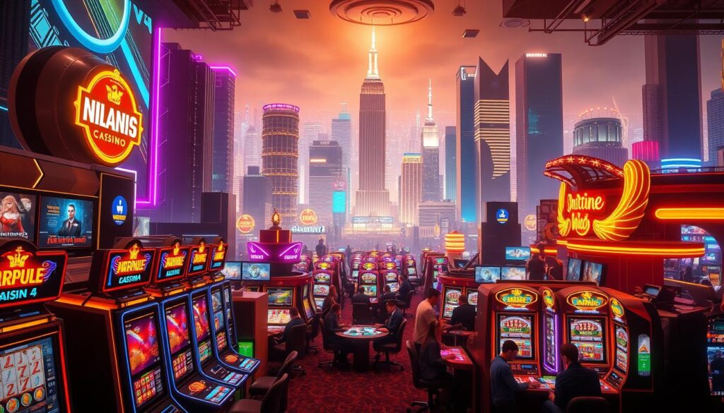 A bustling online casino, its virtual neon lights illuminating a towering cityscape. In the foreground, sleek gaming terminals beckon players, their screens emitting a seductive glow. The middle ground showcases a thriving hub of activity, with avatars of patrons engaged in a variety of casino games - slots, blackjack, roulette, and more. The background depicts a metropolis skyline, its skyscrapers reaching for the stars, symbolizing the exponential growth and widespread adoption of online gambling. The scene is bathed in a warm, golden hue, creating an atmosphere of excitement and prosperity. Cinematic camera angles and a sense of depth convey the scale and sophistication of this digital entertainment empire.