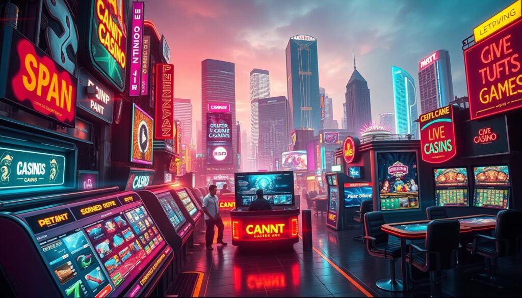 A bustling online casino landscape comes to life, showcasing the rise and evolution of digital entertainment. In the foreground, vibrant neon lights beckon users to explore a seamless array of slots, table games, and live dealer experiences. The middle ground features sleek, responsive interfaces on various devices, reflecting the convenient accessibility of these platforms. In the background, a cityscape backdrop with towering skyscrapers symbolizes the rapid growth and integration of online casinos into the urban fabric. The scene is bathed in a warm, inviting glow, conveying the excitement and immersion of this digital entertainment revolution. Cinematic camera angles and a dynamic composition capture the dynamism and allure of the modern online casino landscape.