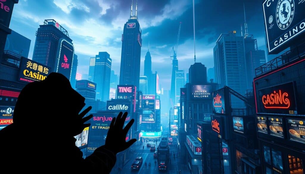 A bustling online casino landscape, neon-lit and dynamic, with towering skyscrapers and digital interfaces projected onto the skyline. In the foreground, a shadowy figure lurks, their hands manipulating the system, highlighting the risks of fraud and exploitation. The scene is bathed in an ominous glow, conveying a sense of unease and the need for vigilance. Crisp, high-definition photography with a wide-angle lens, capturing the scale and complexity of the digital entertainment industry and the underlying threats that players must navigate. The overall mood is one of cautious excitement, where the promise of thrills is tempered by the dangers that lurk beneath the surface.