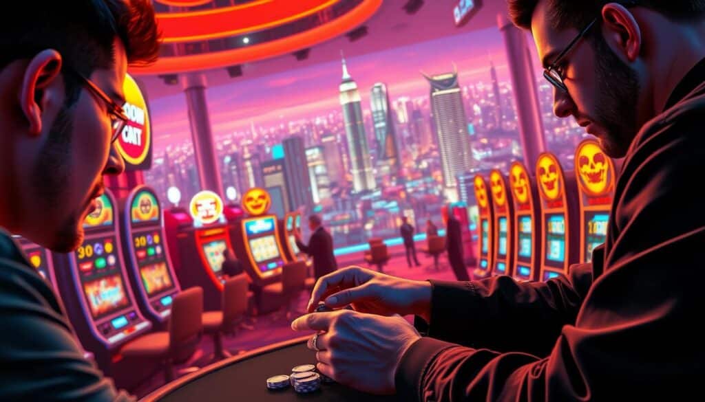 A bustling online casino lobby, bathed in a warm, neon-tinged glow. In the foreground, a player's hands carefully manipulate gambling chips, their expression focused and intense. The middle ground features an array of digital slot machines, their screens flickering with mesmerizing patterns and animations. In the background, a vast panorama of towering skyscrapers and a vibrant city skyline, symbolizing the high-stakes nature of online gaming. The scene conveys a sense of strategic planning, with the player's calculated movements and the city's pulsing energy creating an atmosphere of calculated risk and potential reward.