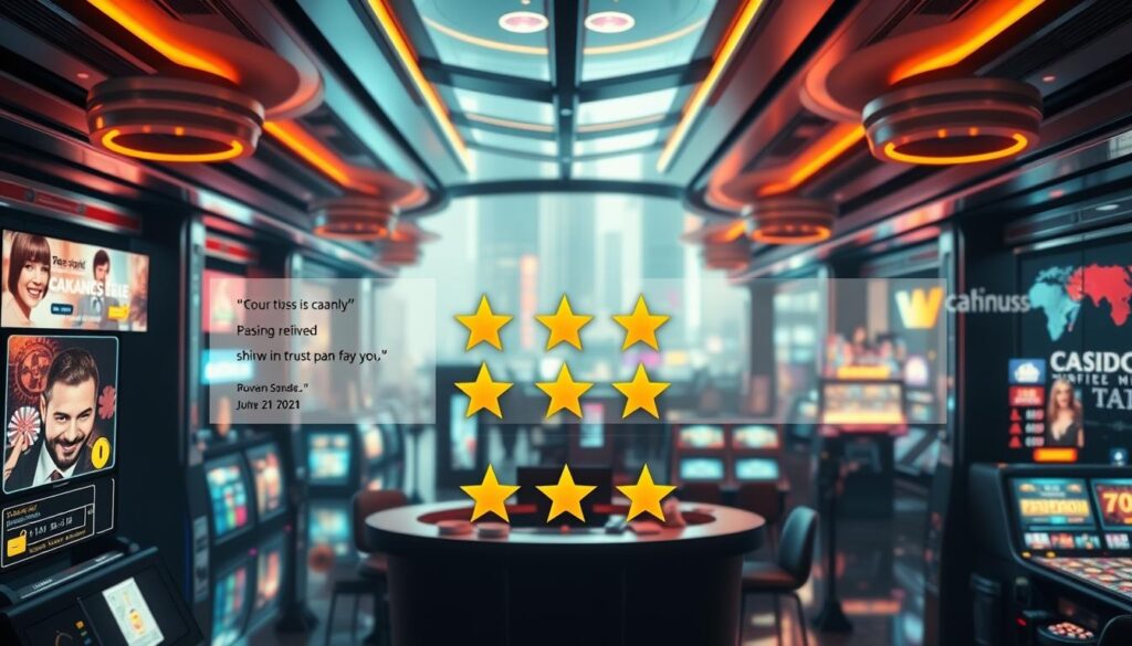 A bustling online casino lobby, sleek and modern in design, with a central display showcasing glowing customer testimonials and ratings. The foreground features a montage of smiling faces, positive reviews, and star ratings, all rendered in a warm, inviting color palette. In the middle ground, an abstract representation of the casino's interface and gameplay elements, conveying a sense of seamless user experience. The background is a soft, blurred cityscape, hinting at the casino's urban setting and diverse customer base. The overall mood is one of trust, satisfaction, and a welcoming atmosphere that captures the essence of the "用戶評價與市場反響" section.