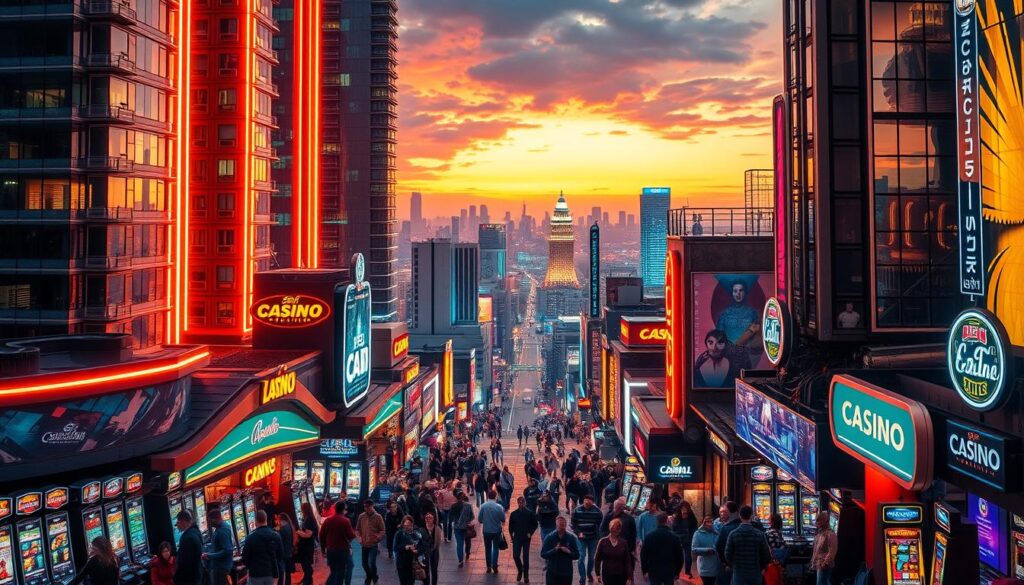 A bustling online casino market, captured in a vibrant cityscape. Towering neon-lit skyscrapers cast a warm glow over the lively streets below, where people throng around the entrances of sleek, modern gambling establishments. The scene is alive with the energy of constant activity - people hurrying to and fro, the flashing lights of slot machines, and the hum of excitement. In the background, the skyline is dotted with more casinos, creating an urban landscape dominated by the presence of the gaming industry. A sense of opulence and indulgence permeates the atmosphere, reflecting the thriving state of the online casino market.