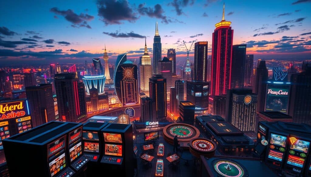 A bustling online casino metropolis emerges, its glittering towers and neon-lit facades casting a captivating glow against a twilight sky. In the foreground, sleek digital interfaces invite players to explore a world of chance and fortune, with the faint sound of slot machines and the excitement of card games filling the air. The middle ground reveals a diverse array of gaming options, from virtual roulette tables to high-stakes poker rooms, all seamlessly integrated into a seamless digital landscape. In the background, a network of data centers and cloud infrastructure hums with the energy of a thriving industry, powering the endless possibilities of online entertainment. The scene conveys the rapid growth and innovation of the online casino sector, a testament to the evolving nature of modern gaming.
