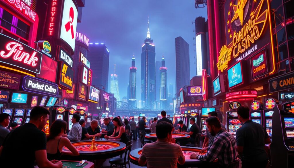 A bustling online casino metropolis, lit by neon signage and glimmering screens. In the foreground, a group of patrons engaged in lively table games, their faces illuminated by the glow of roulette wheels and slot machines. In the middle ground, sleek high-rise buildings housing state-of-the-art gaming facilities, their glass facades reflecting the vibrant nightlife. In the background, a skyline of iconic towers and bridges, symbolizing the rapid growth and global reach of the online entertainment industry. The scene is captured with a cinematic wide-angle lens, conveying a sense of scale and excitement, the mood electric with the thrill of chance and the promise of big payouts.