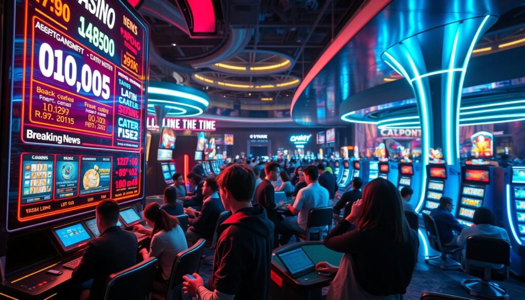 A bustling online casino, neon lights illuminating the virtual gaming floor. In the foreground, a digital display showcases real-time updates, flashing the latest jackpot winnings and breaking news from the world of online gambling. Amid the whirlwind of activity, players hunched over their devices, captivated by the thrill of the game. The scene is bathed in a cool, blue-tinted lighting, creating an atmosphere of high-stakes excitement and anticipation. In the background, a panoramic view of the casino's sleek, futuristic architecture, hinting at the scale and sophistication of the virtual gaming experience.