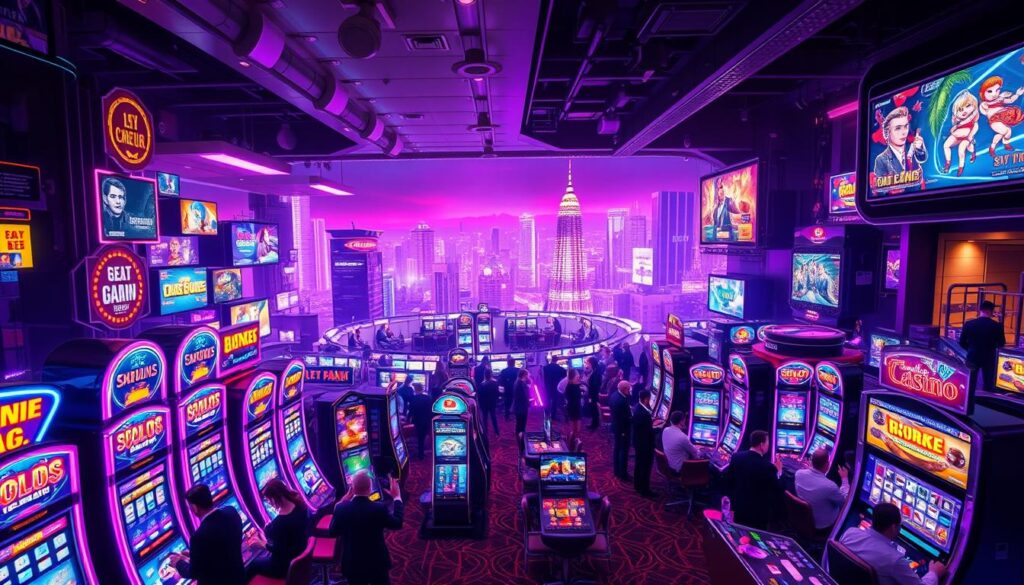 A bustling online casino scene, bathed in a vibrant neon glow. In the foreground, a sea of flashing slot machines and gaming tables, their alluring offers beckoning to players. In the middle ground, well-dressed patrons excitedly engage in a variety of games, their faces alight with the thrill of potential winnings. In the background, a panoramic view of a modern, futuristic cityscape, its skyscrapers and billboards hinting at the ubiquity of online gambling. The overall atmosphere is one of excitement, indulgence, and the promise of extraordinary rewards, capturing the growing popularity and widespread appeal of online casino promotions and bonuses.