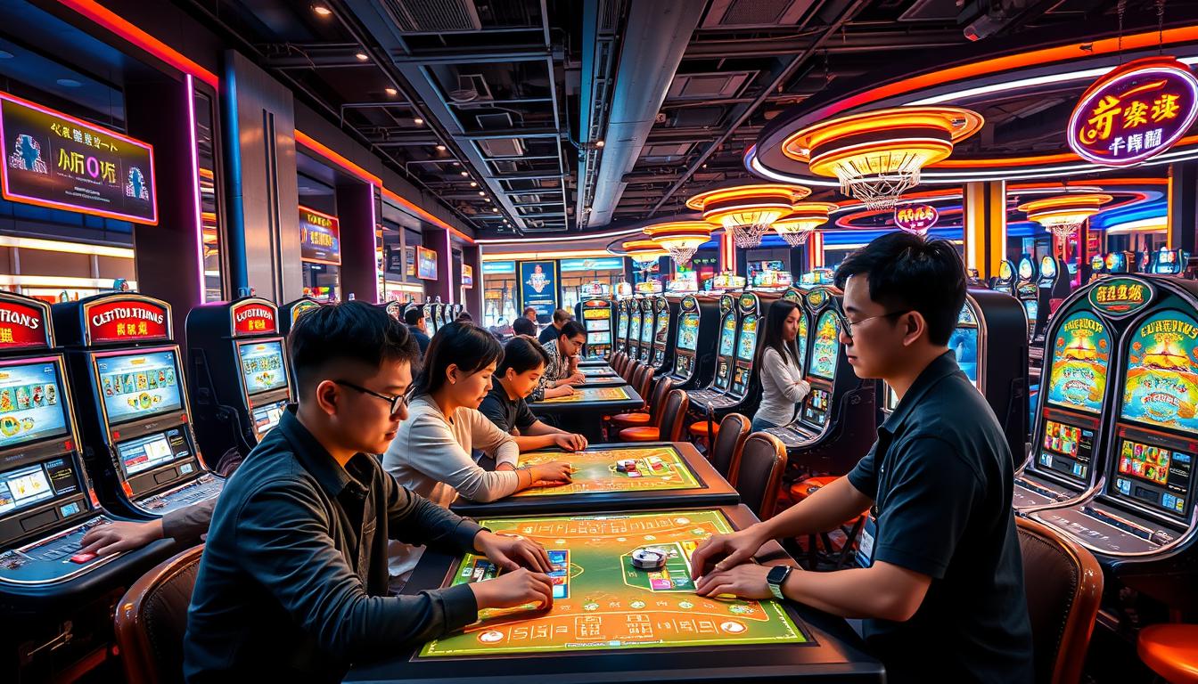 A bustling online casino scene depicting Taiwanese players immersed in their gaming experience. A well-lit gaming hall, with sleek, modern interiors and the soft glow of screens illuminating focused faces. In the foreground, a group of players engaged in lively table games, their expressions intense as they strategize their next moves. The middle ground showcases individuals seated at rows of slot machines, fingers deftly manipulating the controls, the machines' vibrant displays creating an energetic atmosphere. In the background, a panoramic view of the gaming floor, with a mix of casual and high-stakes players, reflecting the diverse demographic of Taiwanese online casino enthusiasts. The overall scene conveys a dynamic, immersive, and technologically advanced online gaming environment.