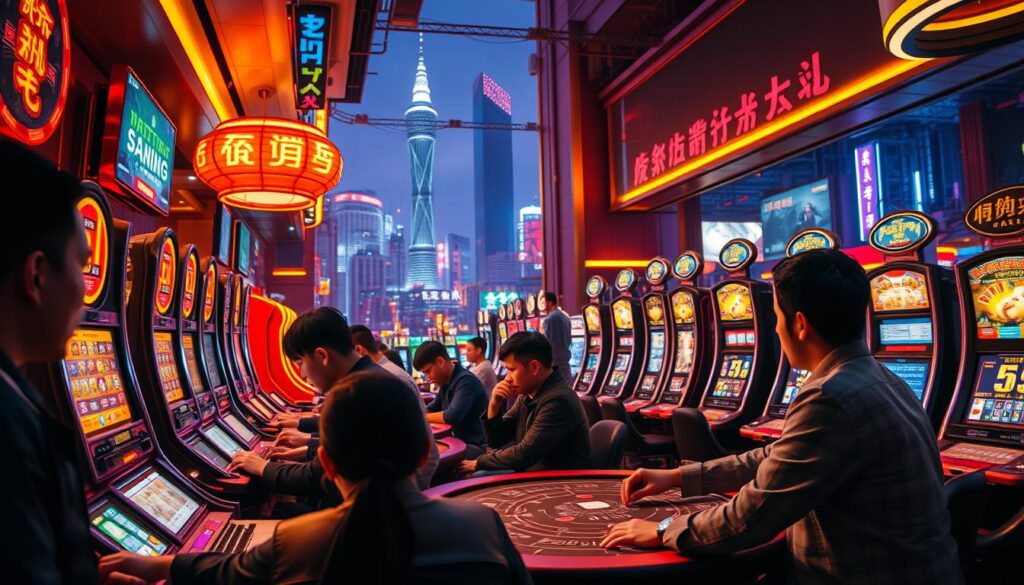 A bustling online casino scene in Taiwan, showcasing the thrilling and immersive gaming experience. In the foreground, a group of players engaged in a high-stakes table game, their faces illuminated by the warm glow of the casino lights. The middle ground features a variety of slot machines, their screens flashing with vibrant colors and alluring jackpot displays. In the background, the cityscape of Taiwan's urban landscape can be seen, with towering skyscrapers and neon signs adding to the dynamic atmosphere. The scene is captured with a cinematic, wide-angle lens, creating a sense of depth and grandeur. The lighting is a combination of warm, golden tones and bright, contrasting highlights, evoking a sense of excitement and anticipation. The overall mood is one of thrill, indulgence, and the pursuit of ultimate gaming satisfaction.
