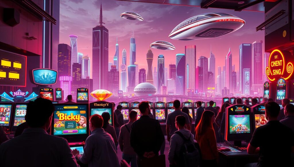 A bustling online casino scene in a sleek, futuristic setting. In the foreground, a group of people eagerly engaging with various digital gaming interfaces, their faces illuminated by the glow of screens. The middle ground features stylized graphics depicting popular casino games, animations, and virtual currency exchanges. In the background, a sprawling cityscape with towering skyscrapers, neon lights, and hovering transportation pods, conveying a sense of technological advancement and urban evolution. The overall atmosphere is one of excitement, innovation, and the seamless integration of entertainment and technology.